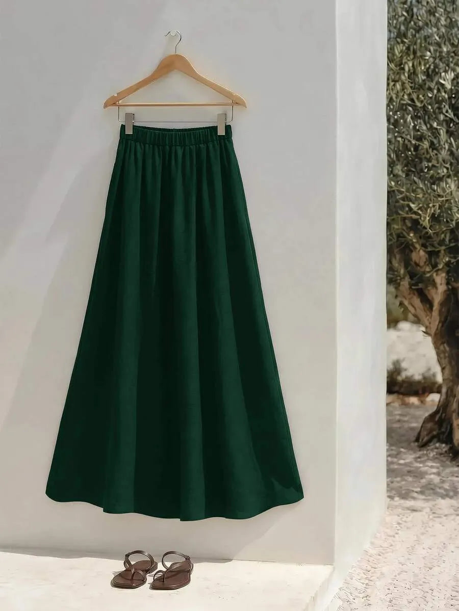 SHEIN Zivah طقم نسائي قطعتين بلوزة بياقة واقفة وتنورة طويلة برباط خصر بلون أخضر داكن