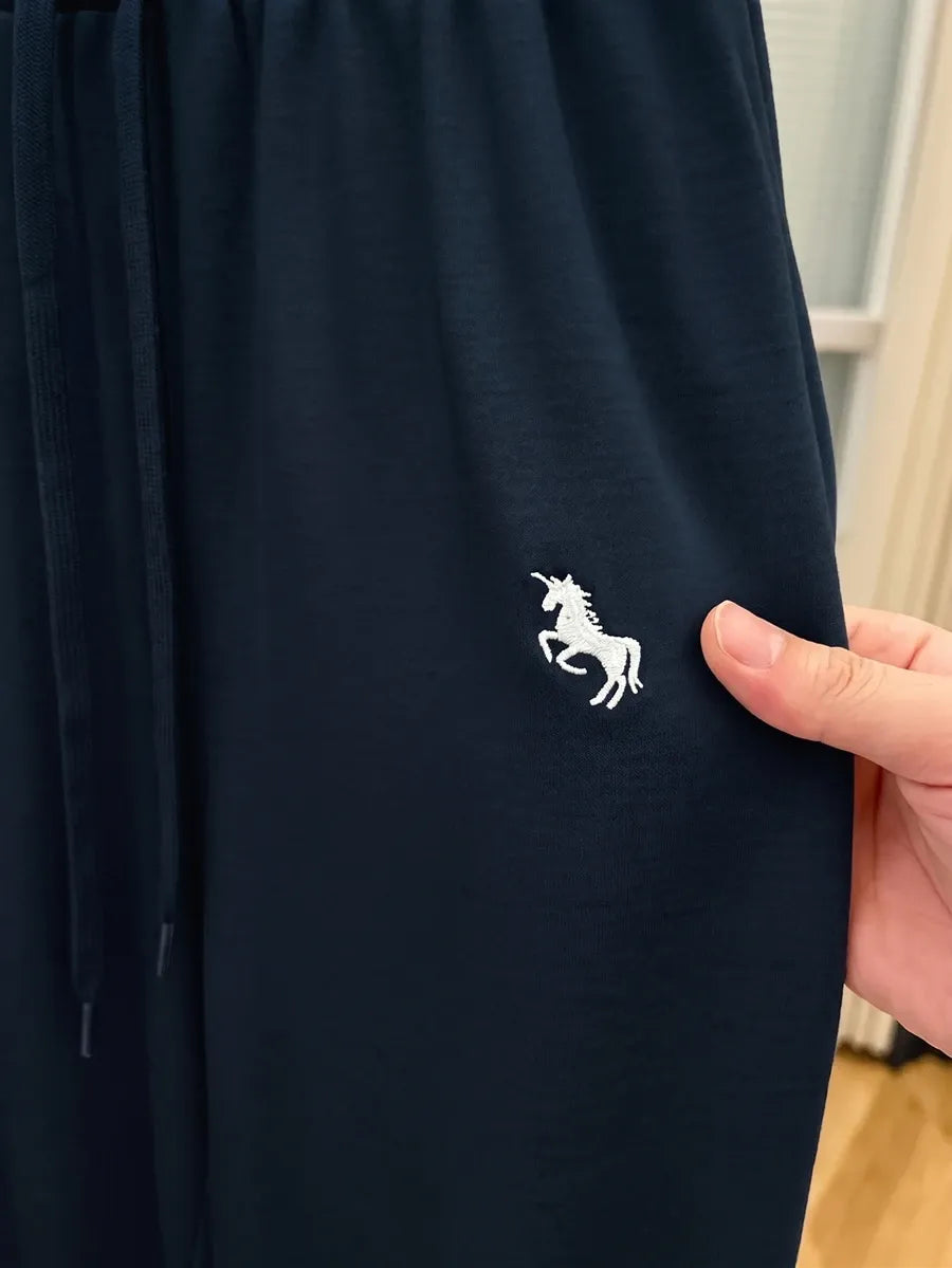 SHEIN GlowEve طقم رياضي نسائي قطعتين هودي مطرز وبنطال بخصر عالٍ بلون أزرق