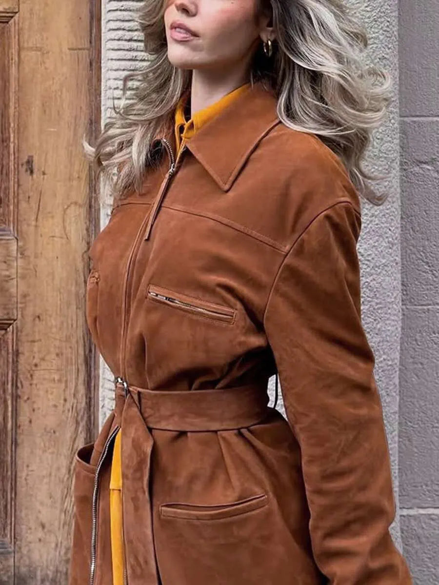 SHEIN جاكيت شمواه صناعي بياقة طية وسحاب أمامي بلون بني