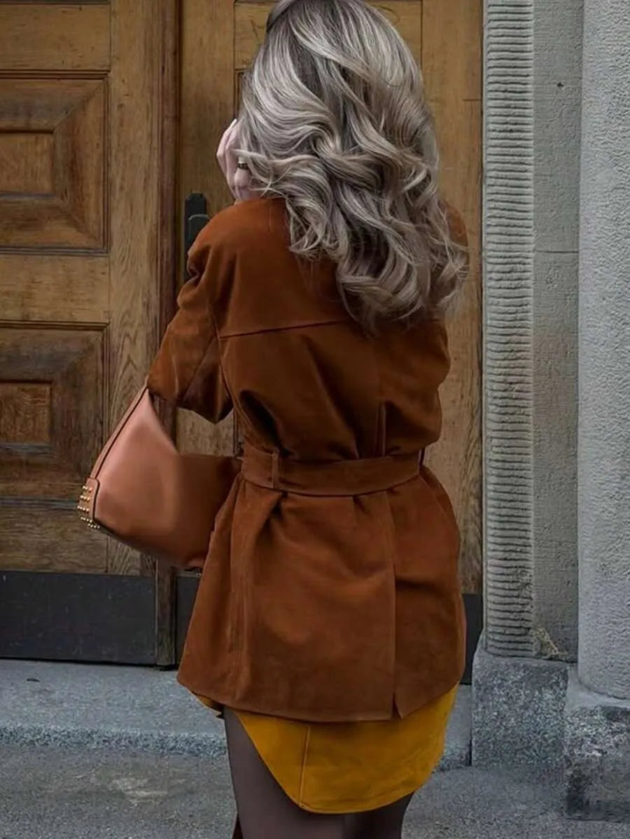 SHEIN جاكيت شمواه صناعي بياقة طية وسحاب أمامي بلون بني