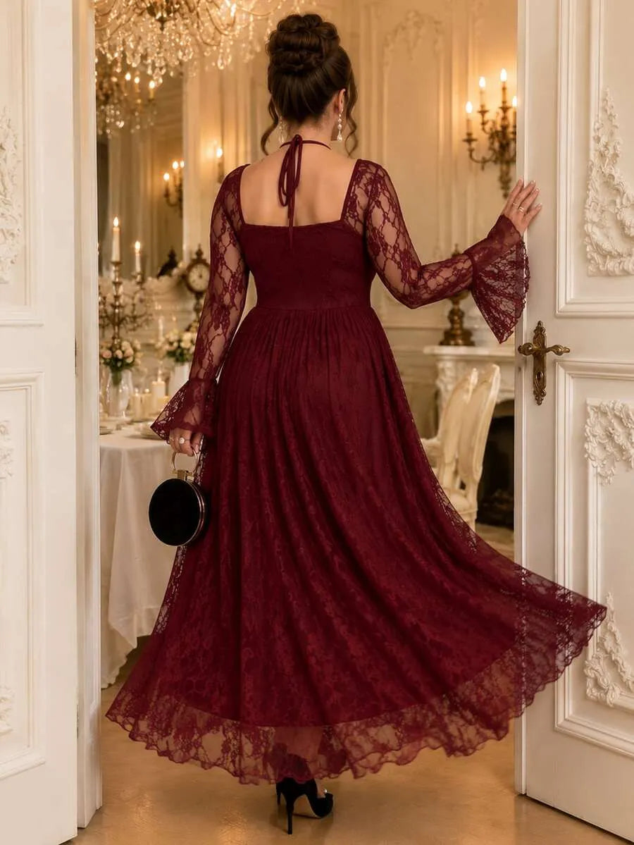 SHEIN Roveilla فستان نسائي دانتيل متوسط الطول بياقة قلبية وأكمام جرس وخصر محدد بلون عنابي