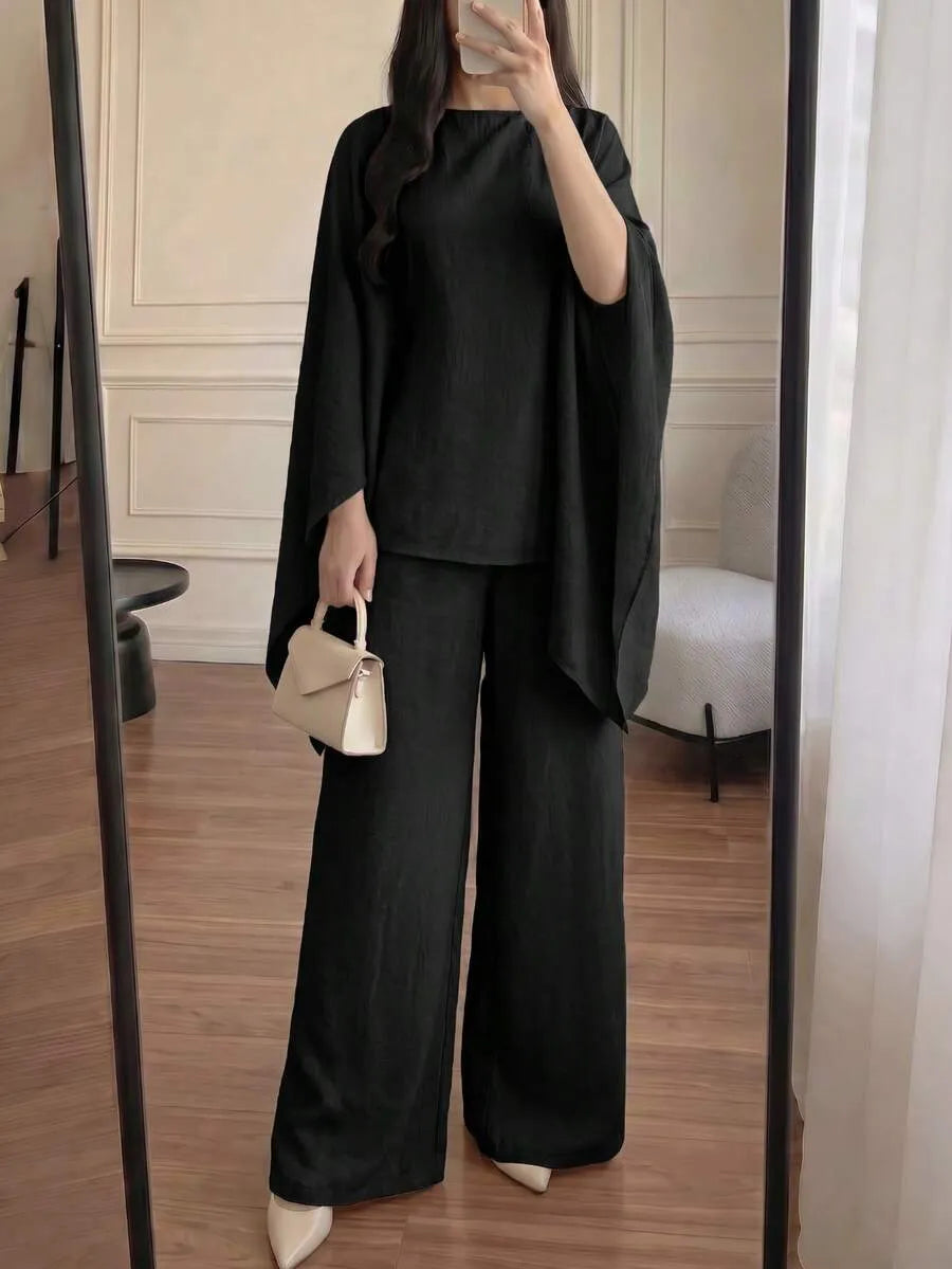 SHEIN طقم نسائي قطعتين ببلوزة بأكمام خفاش وبنطال بخصر مجمع بلون الأسود