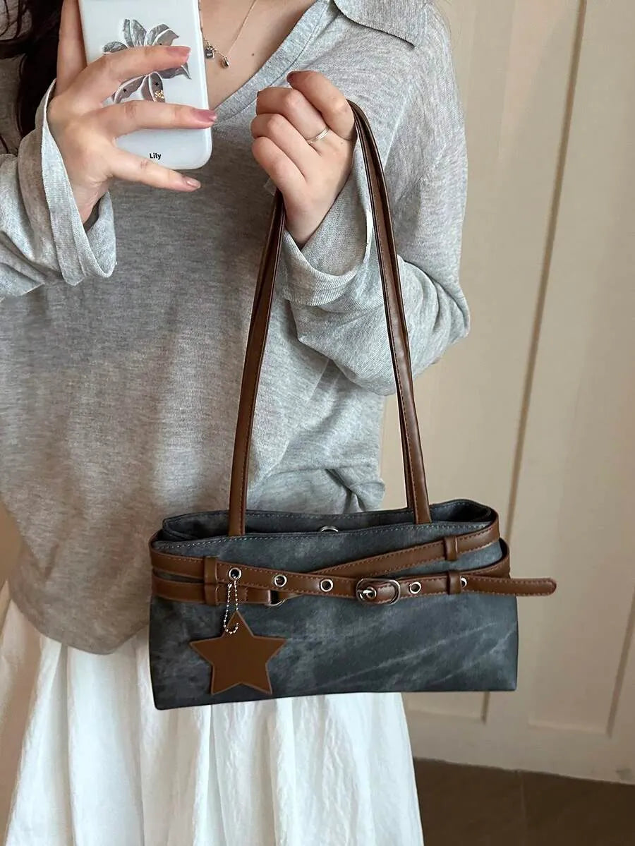 SHEIN حقيبة يد وكتف نسائية أنيقة مزينة بحزام موضة جديدة