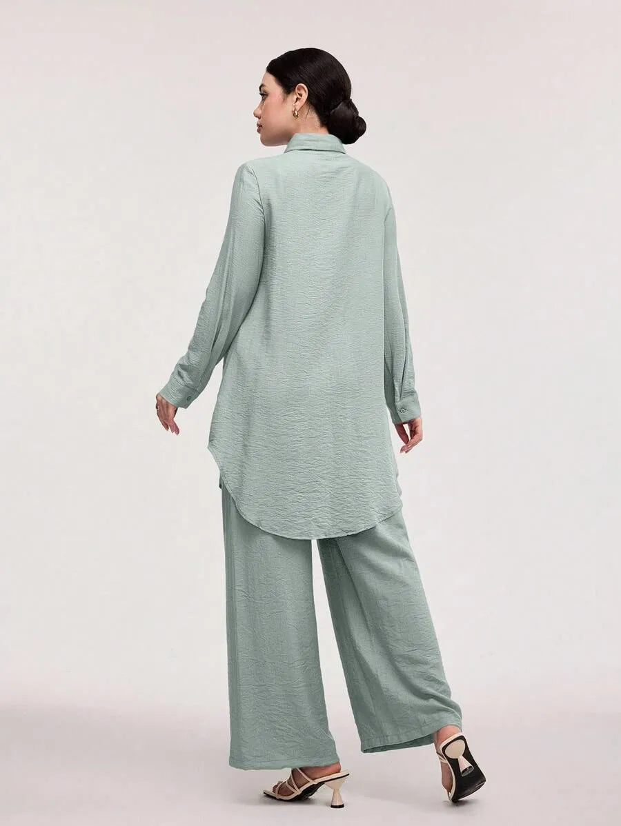 SHEIN Veilorie طقم نسائي قطعتين بلوزة طويلة بأزرار أمامية وبنطال بلون أخضر