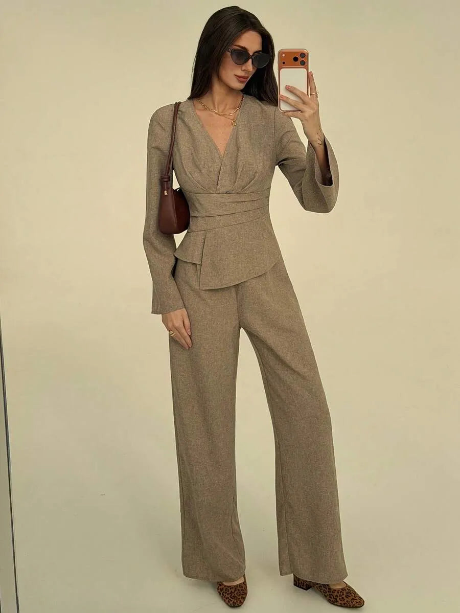 SHEIN Aloruh جمبسوت نسائي بياقة وخصر مجعد وساق واسعة بلون مشمشي