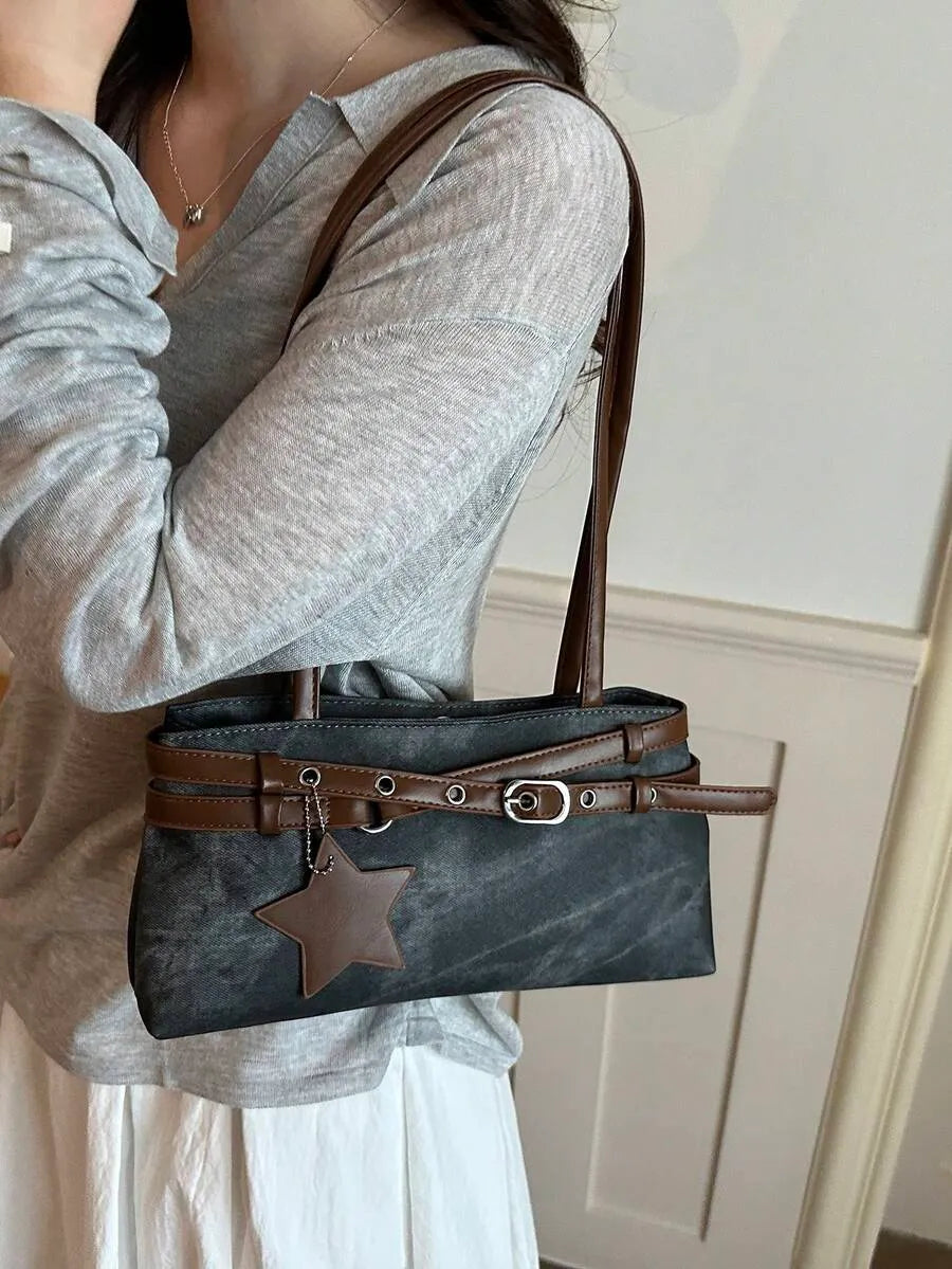 SHEIN حقيبة يد وكتف نسائية أنيقة مزينة بحزام موضة جديدة
