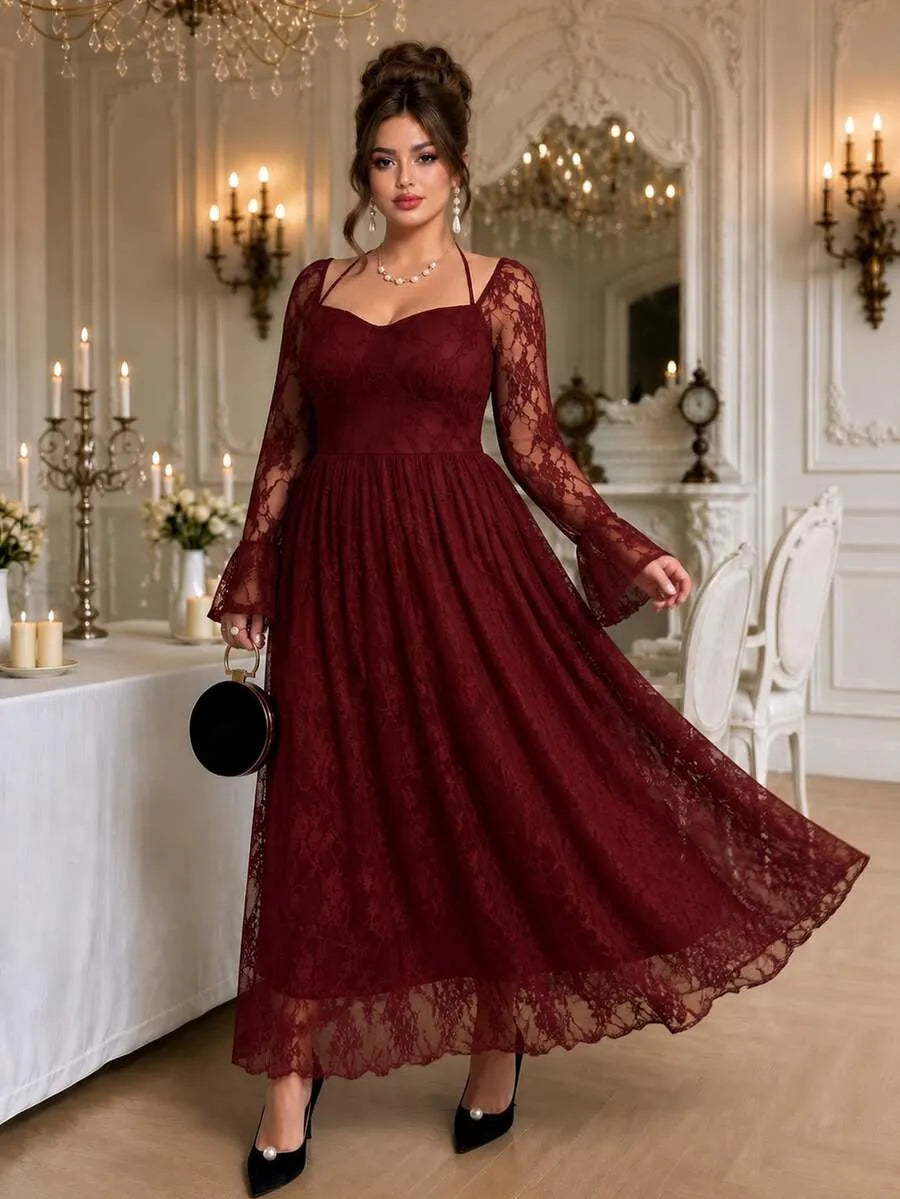 SHEIN Roveilla فستان نسائي دانتيل متوسط الطول بياقة قلبية وأكمام جرس وخصر محدد بلون عنابي