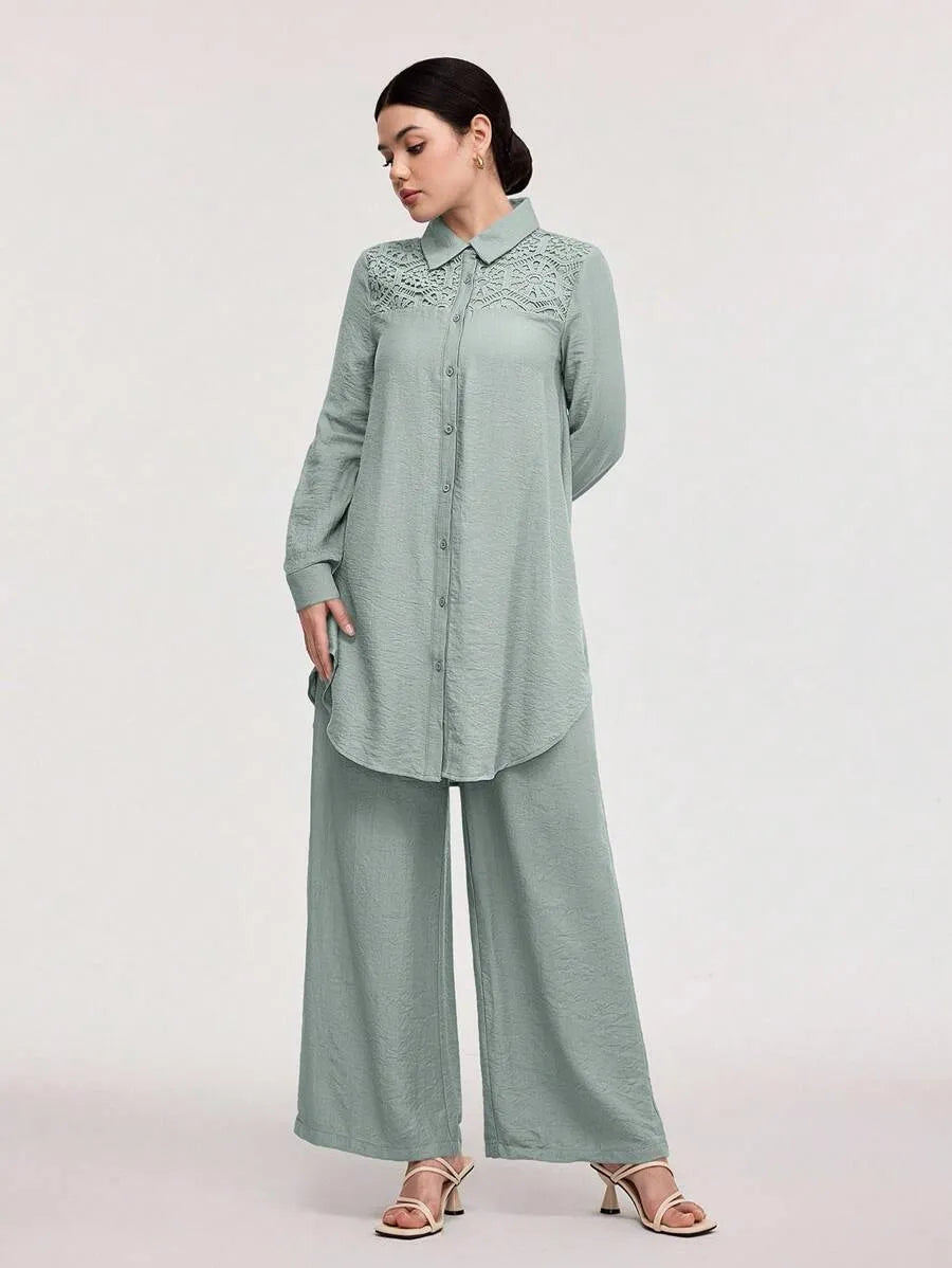 SHEIN Veilorie طقم نسائي قطعتين بلوزة طويلة بأزرار أمامية وبنطال بلون أخضر