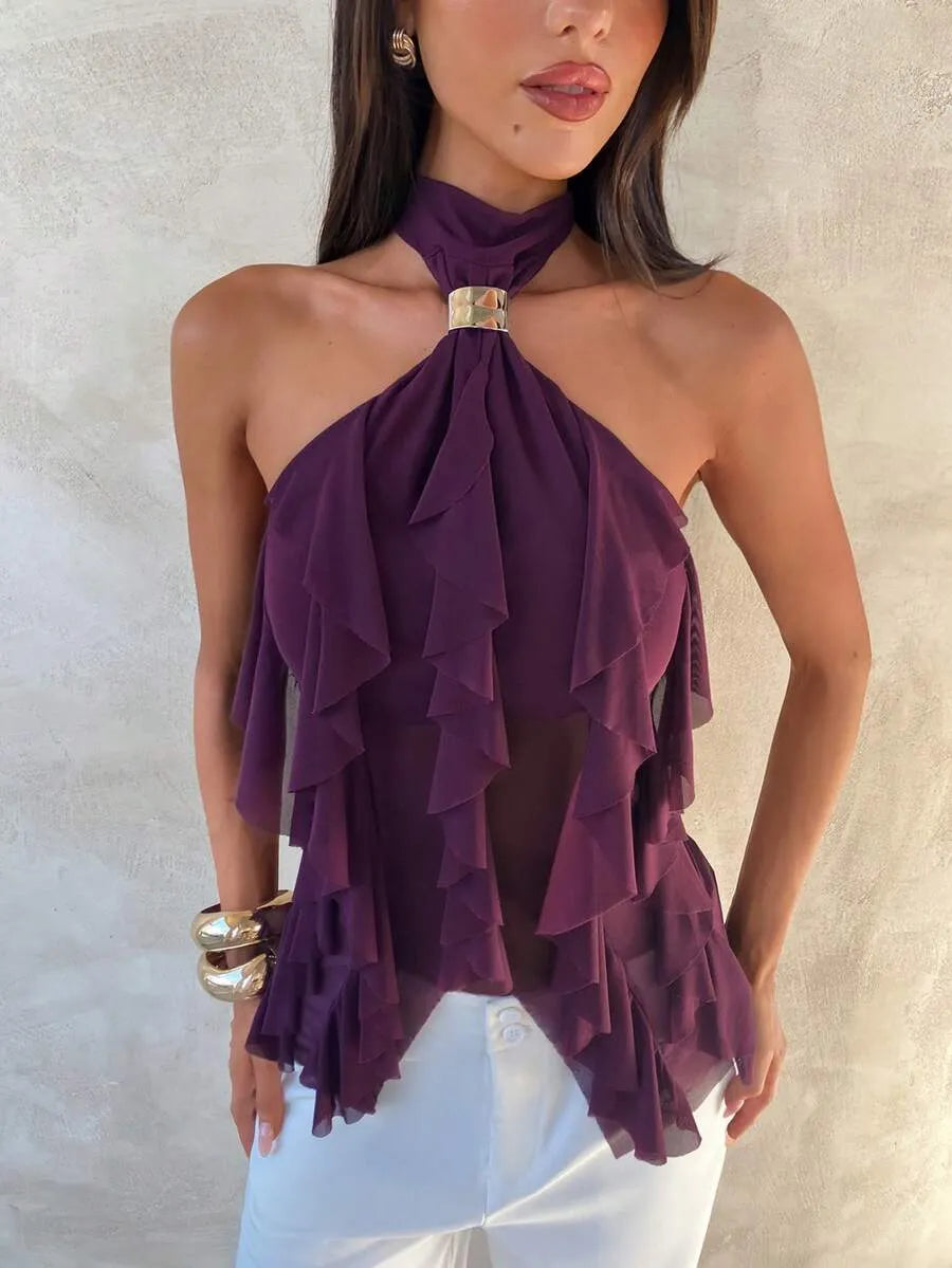SHEIN Aloruh توب بلون أحمر بنفسجي متعددة الطبقات وقصة ضيقة