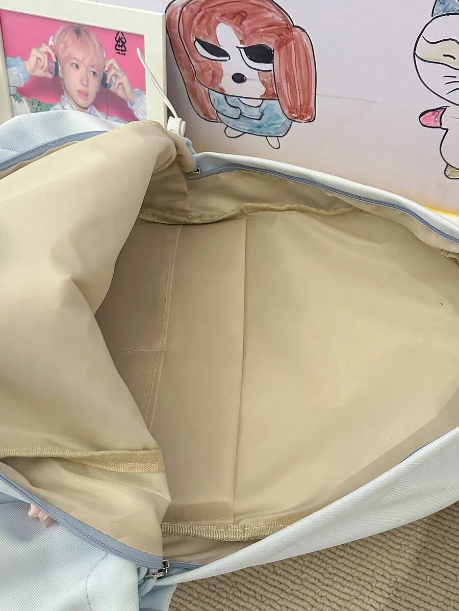 SHEIN حقيبة ظهر نسائية مخططة ومقاومة للماء متعددة الجيوب للسفر والمدرسة