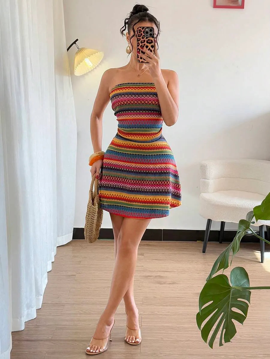 SHEIN Breezaya فستان بلون الأسود ميني بدون حمالات بعقدة كريستالية وبظهر مكشوف