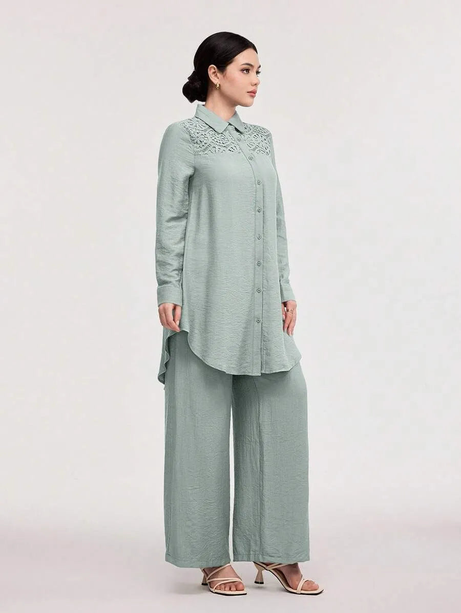 SHEIN Veilorie طقم نسائي قطعتين بلوزة طويلة بأزرار أمامية وبنطال بلون أخضر