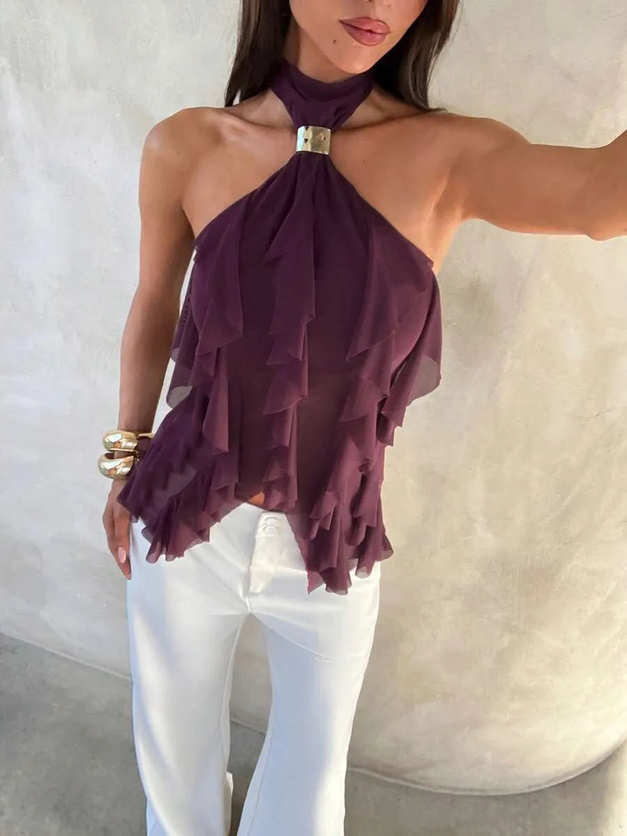 SHEIN Aloruh توب بلون أحمر بنفسجي متعددة الطبقات وقصة ضيقة