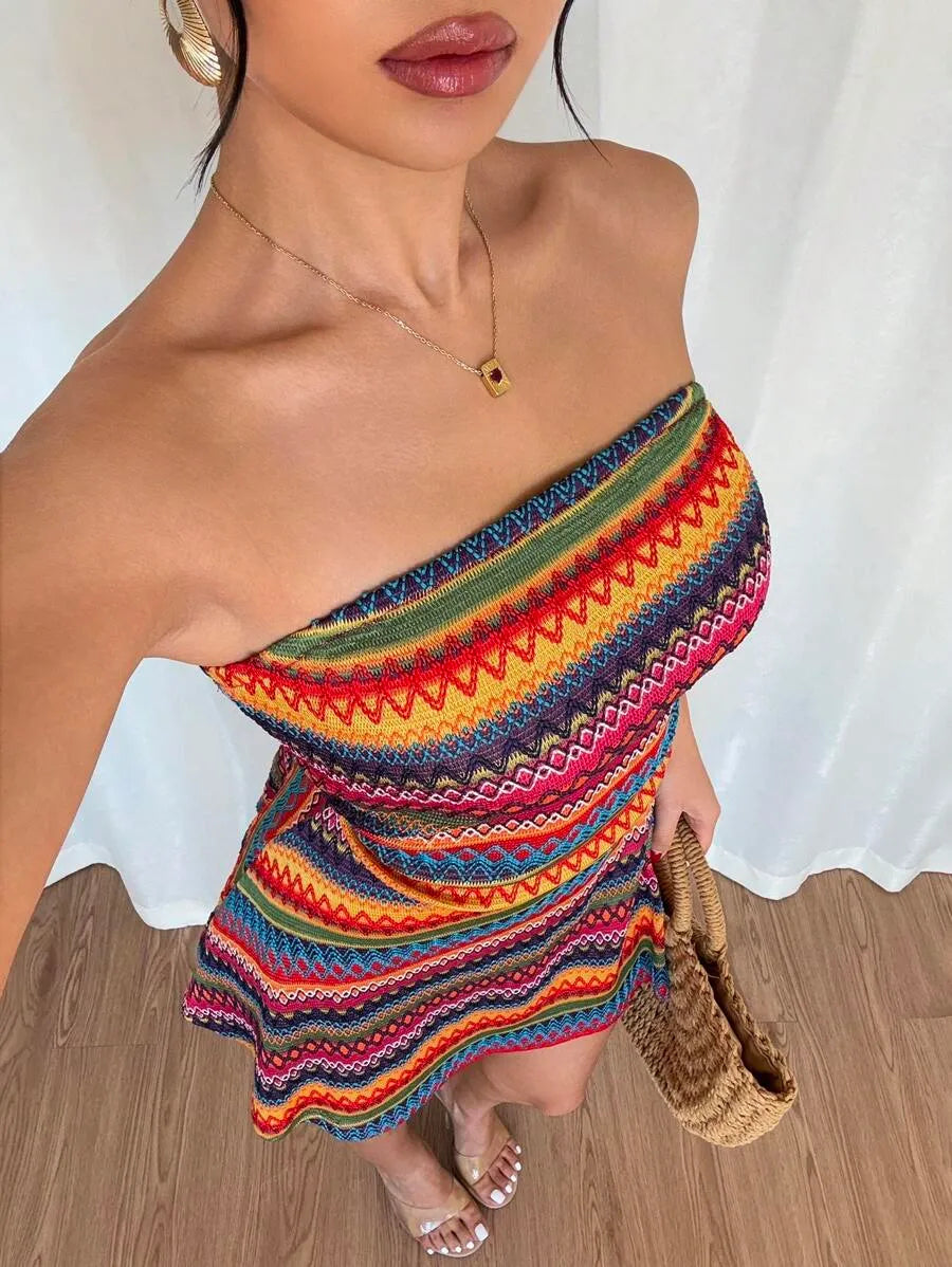 SHEIN Breezaya فستان بلون الأسود ميني بدون حمالات بعقدة كريستالية وبظهر مكشوف