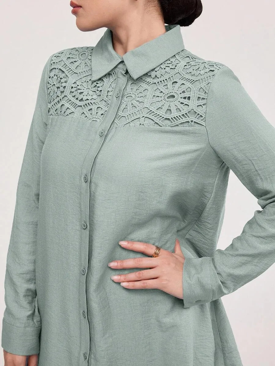 SHEIN Veilorie طقم نسائي قطعتين بلوزة طويلة بأزرار أمامية وبنطال بلون أخضر