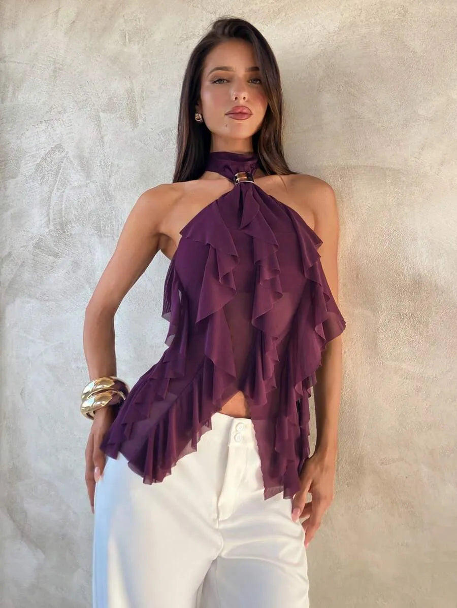 SHEIN Aloruh توب بلون أحمر بنفسجي متعددة الطبقات وقصة ضيقة