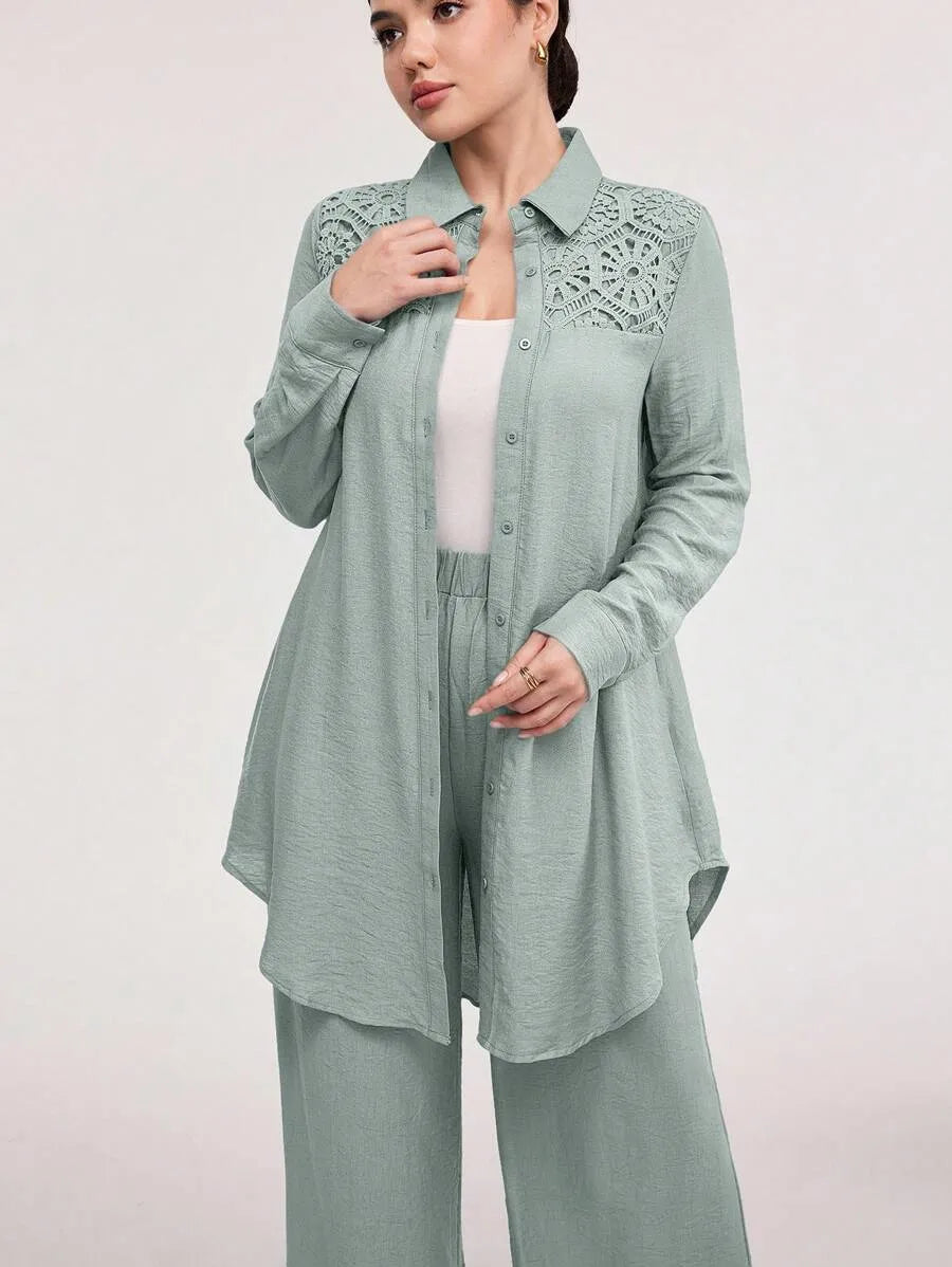 SHEIN Veilorie طقم نسائي قطعتين بلوزة طويلة بأزرار أمامية وبنطال بلون أخضر