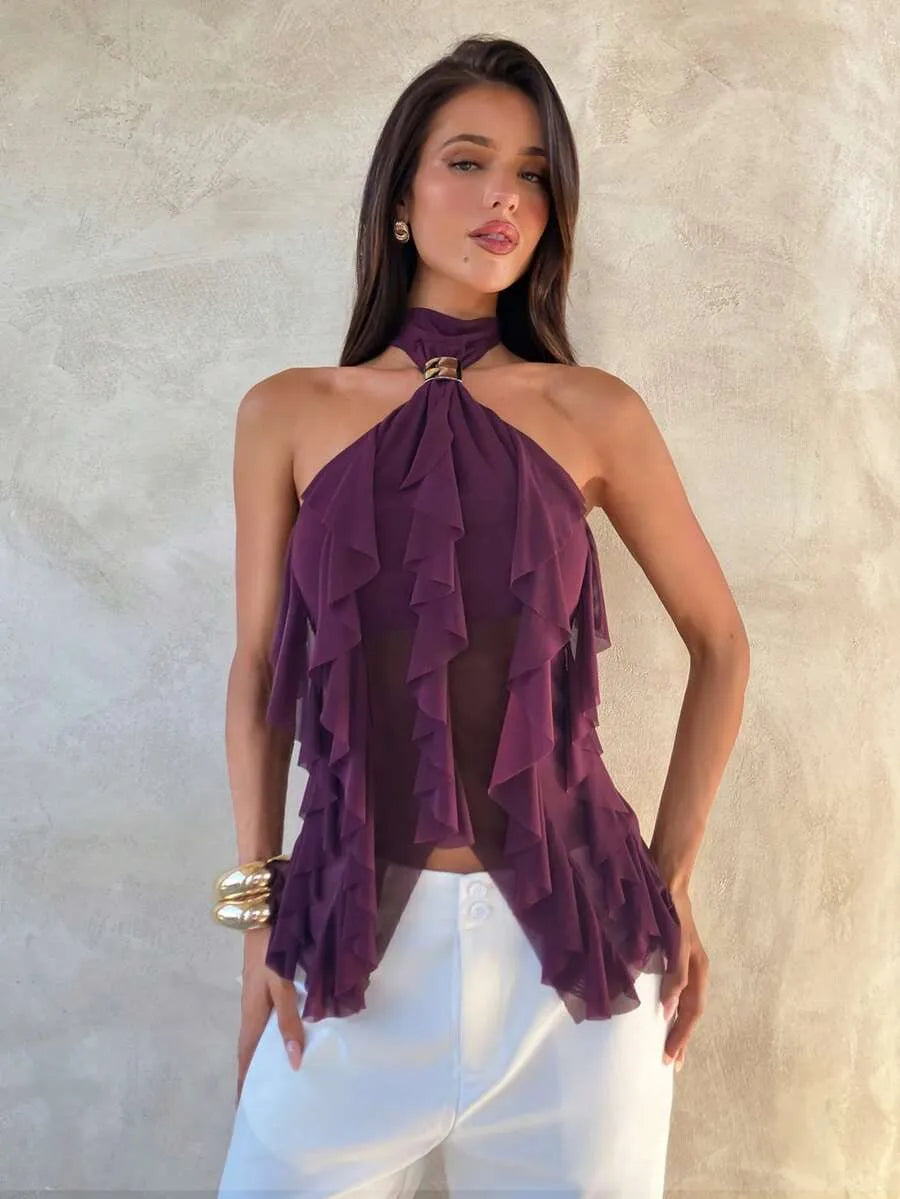 SHEIN Aloruh توب بلون أحمر بنفسجي متعددة الطبقات وقصة ضيقة