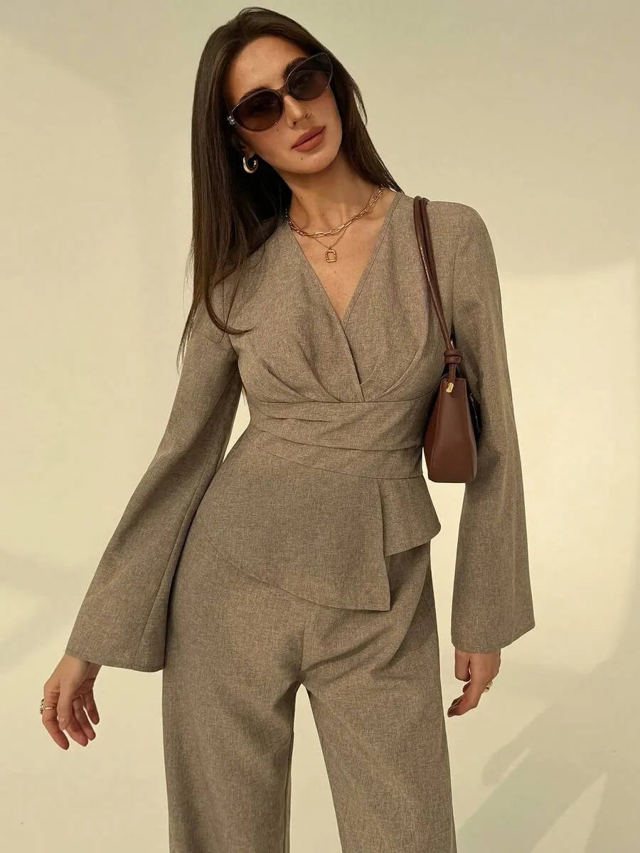 SHEIN Aloruh جمبسوت نسائي بياقة وخصر مجعد وساق واسعة بلون مشمشي