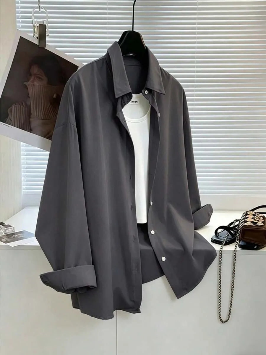 SHEIN Resyla قميص نسائي فضفاض بأكمام طويلة بلون رمادي غامق