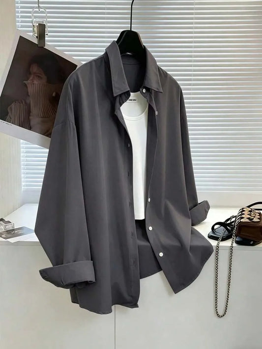 SHEIN Resyla قميص نسائي فضفاض بأكمام طويلة بلون رمادي غامق