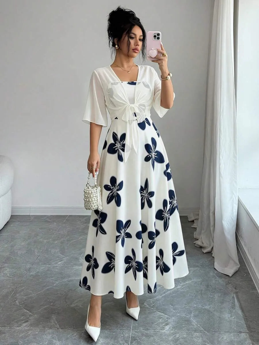 SHEIN طقم فستان وجاكيت شيفون بطبعة زهور متعدد الألوان