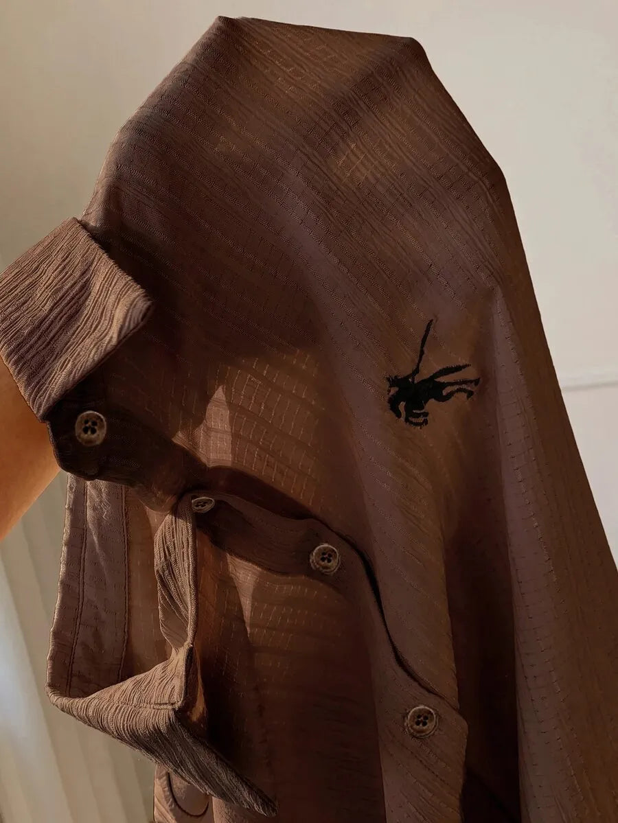 SHEIN Comfortcana طقم نسائي قطعتين بلوزة بياقة واقفة وبنطال بلون بني