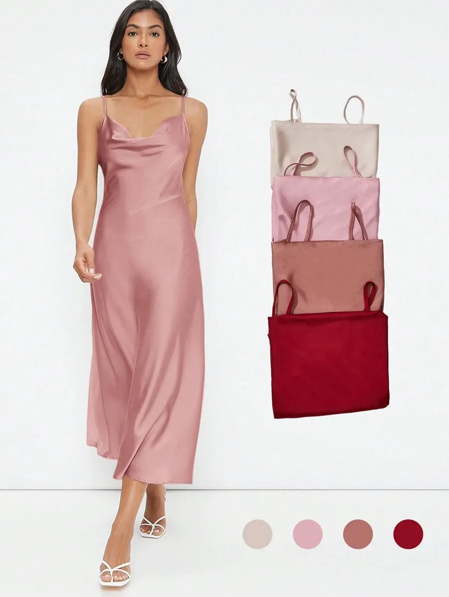 SHEIN BizChic فستان ساتان ماكسي بحمالات رفيعة ورباط خلفي بلون وردي مغبر