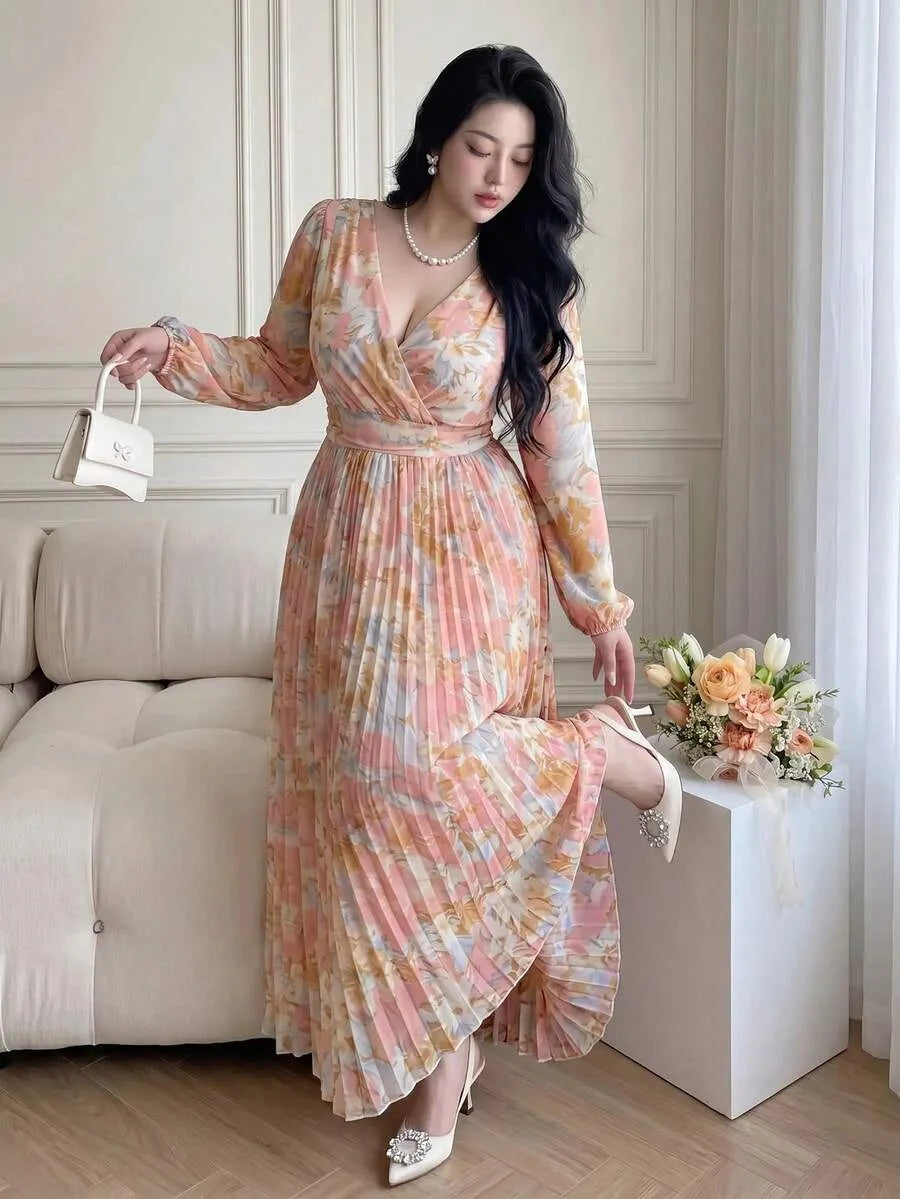 SHEIN Vibekara فستان شيفون متوسط الطول بياقة عميقة وظهر مفتوح وأكمام طويلة بلون وردي