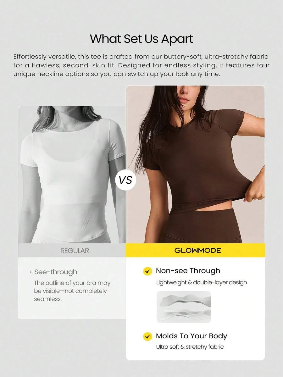 SHEIN GLOWMODE طقم نسائي من قطعتين توب قصير برقبة دائرية وبنطال ليجنز بلون بني