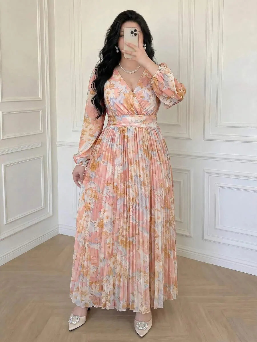 SHEIN Vibekara فستان شيفون متوسط الطول بياقة عميقة وظهر مفتوح وأكمام طويلة بلون وردي