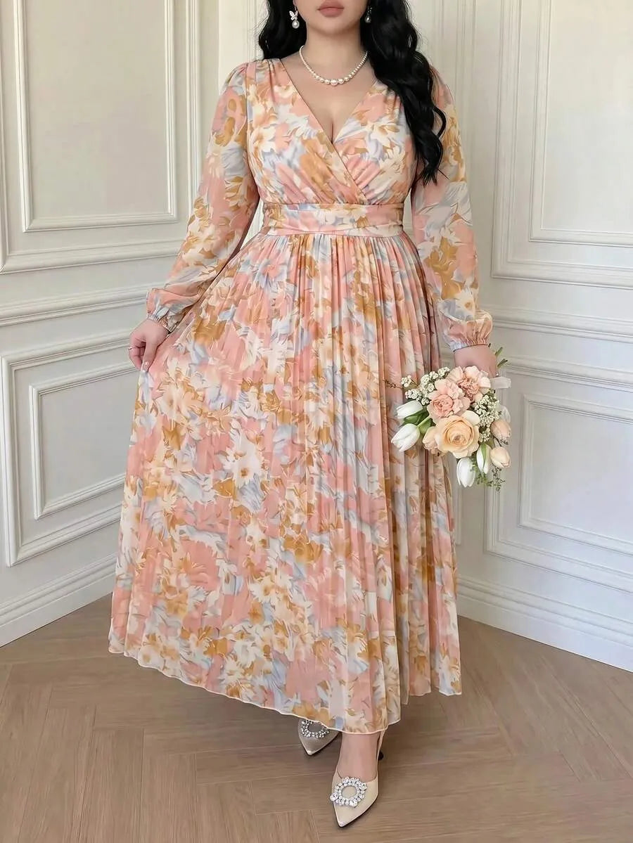 SHEIN Vibekara فستان شيفون متوسط الطول بياقة عميقة وظهر مفتوح وأكمام طويلة بلون وردي
