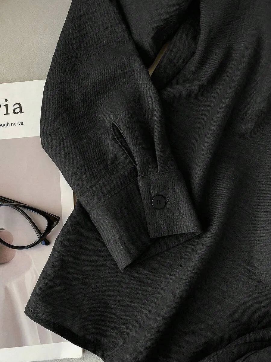 SHEIN EZwear طقم نسائي قطعتين بلوزة بولو مطرزة بحصان وبنطال بجيوب بلون الأسود