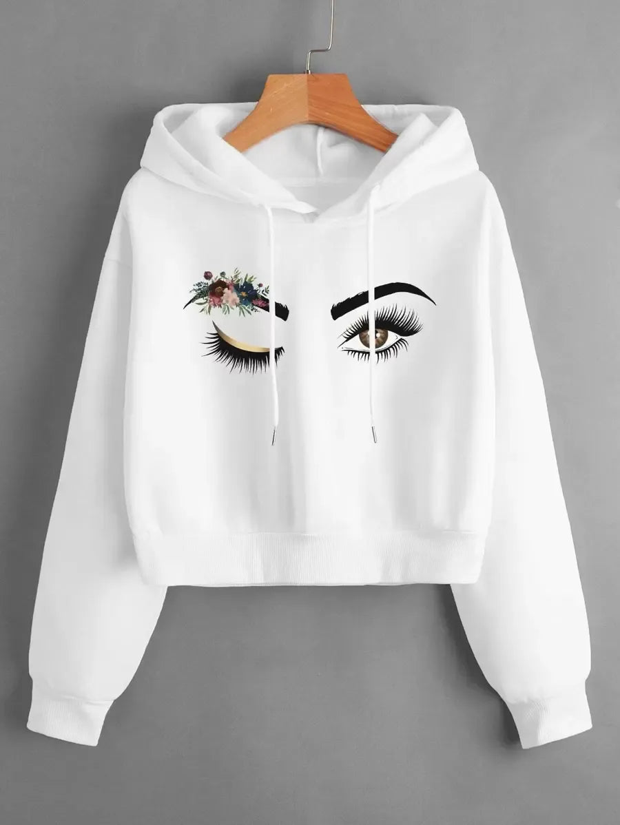 SHEIN INAWLY هودي قصير مبطن حراريًا بطبعة زهور وشخصية بلون أبيض