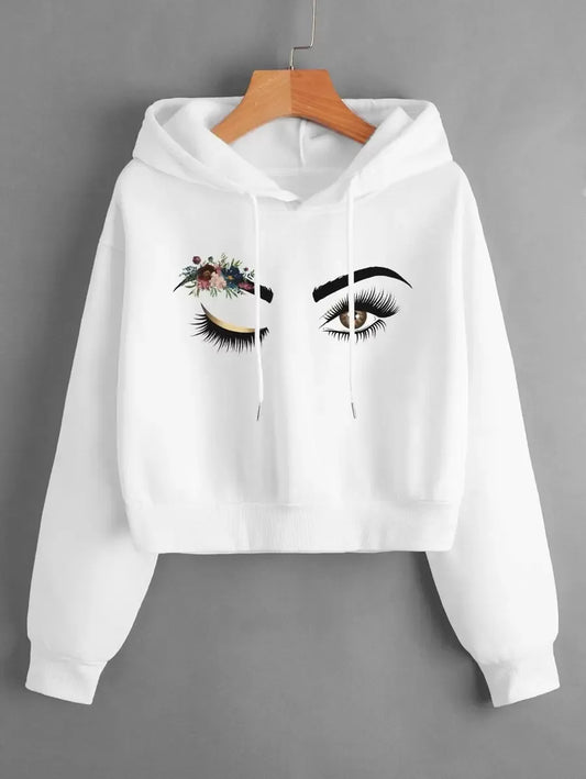 SHEIN INAWLY هودي قصير مبطن حراريًا بطبعة زهور وشخصية بلون أبيض