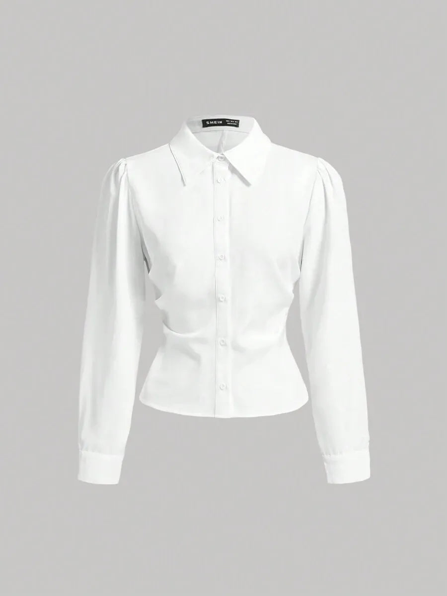 SHEIN MOD قميص نسائي بياقة وأكمام طويلة وأزرار أمامية ومشد خصر بلون أزرق وأبيض