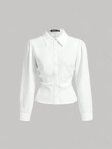 SHEIN MOD قميص نسائي بياقة وأكمام طويلة وأزرار أمامية ومشد خصر بلون أزرق وأبيض