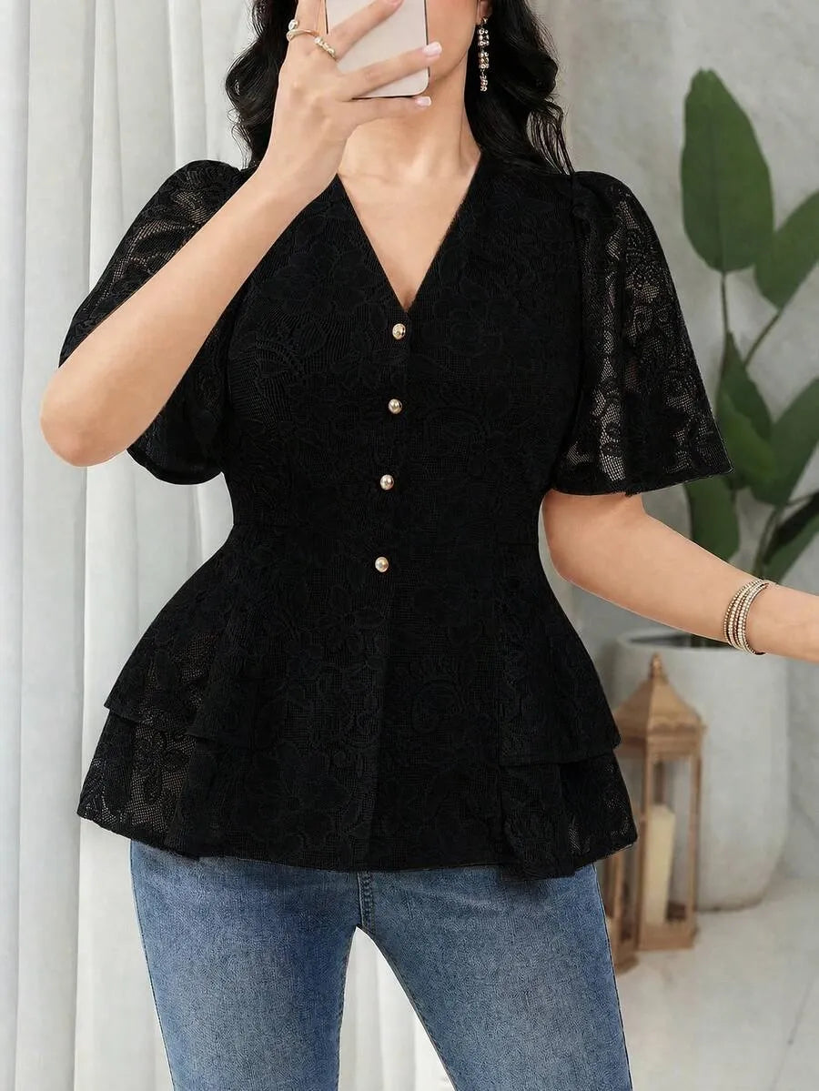 SHEIN Louniche قميص كاجوال بلون واحد بأكمام طويلة وأزرار أمامية