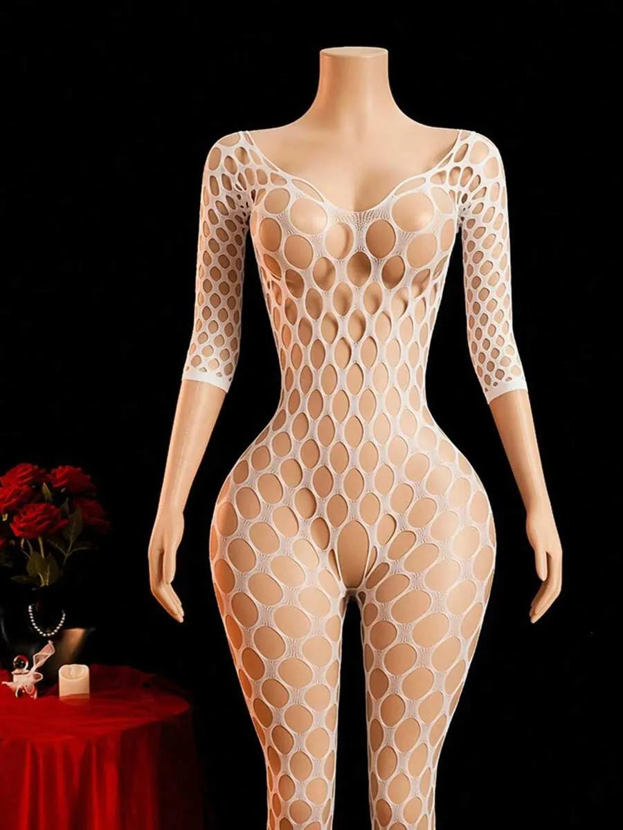 SHEIN ChaseTheNight بودي نسائي شبكي مفرغ وشفاف بحمالات رفيعة بلون أبيض
