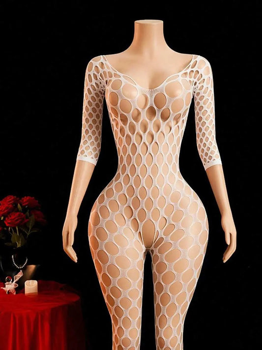 SHEIN ChaseTheNight بودي نسائي شبكي مفرغ وشفاف بحمالات رفيعة بلون أبيض