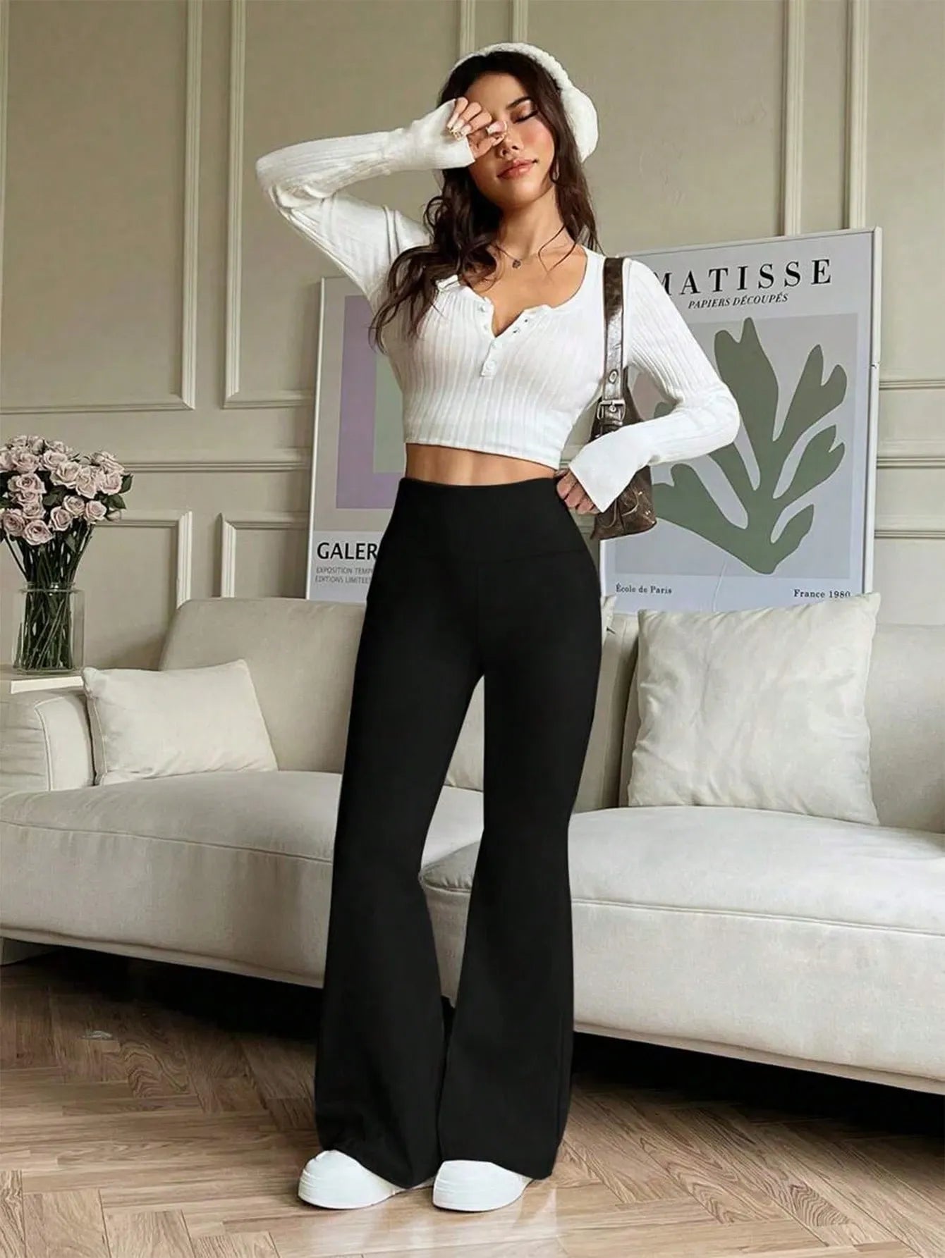 SHEIN بنطلون بلون الأسود طويل ضيق بخصر عالي