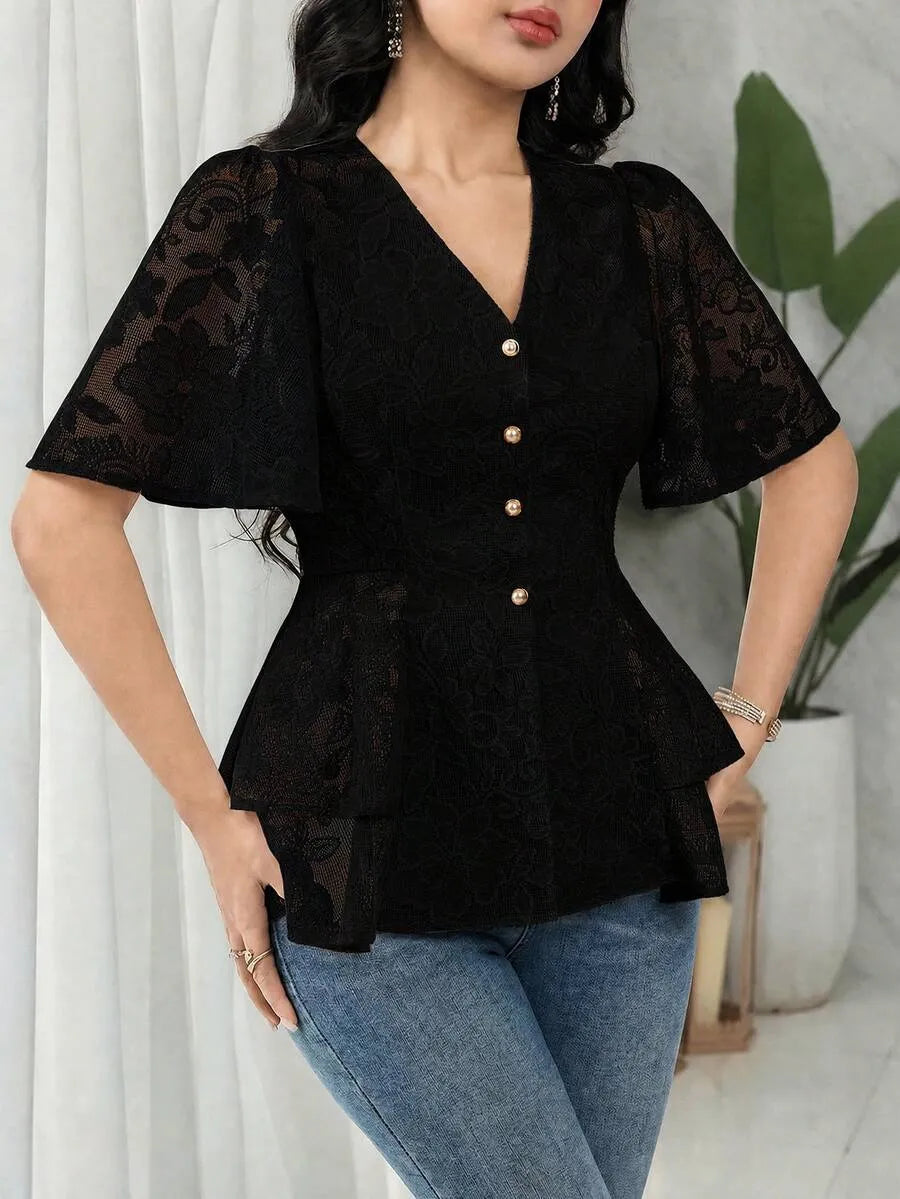 SHEIN Louniche قميص كاجوال بلون واحد بأكمام طويلة وأزرار أمامية