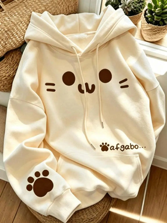 SHEIN هودي بناتي بطبعة قطة كرتونية وجيب كنغر بلون مشمشي