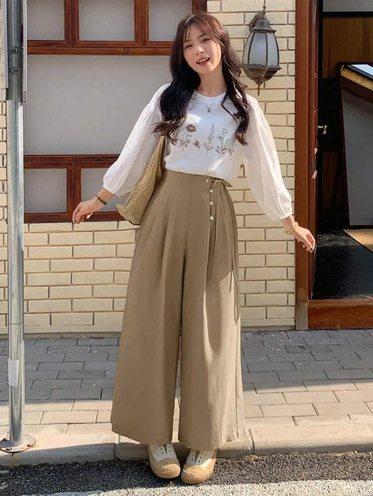 SHEIN FRIFUL بنطال نسائي عالي الخصر واسع بلون كاكي
