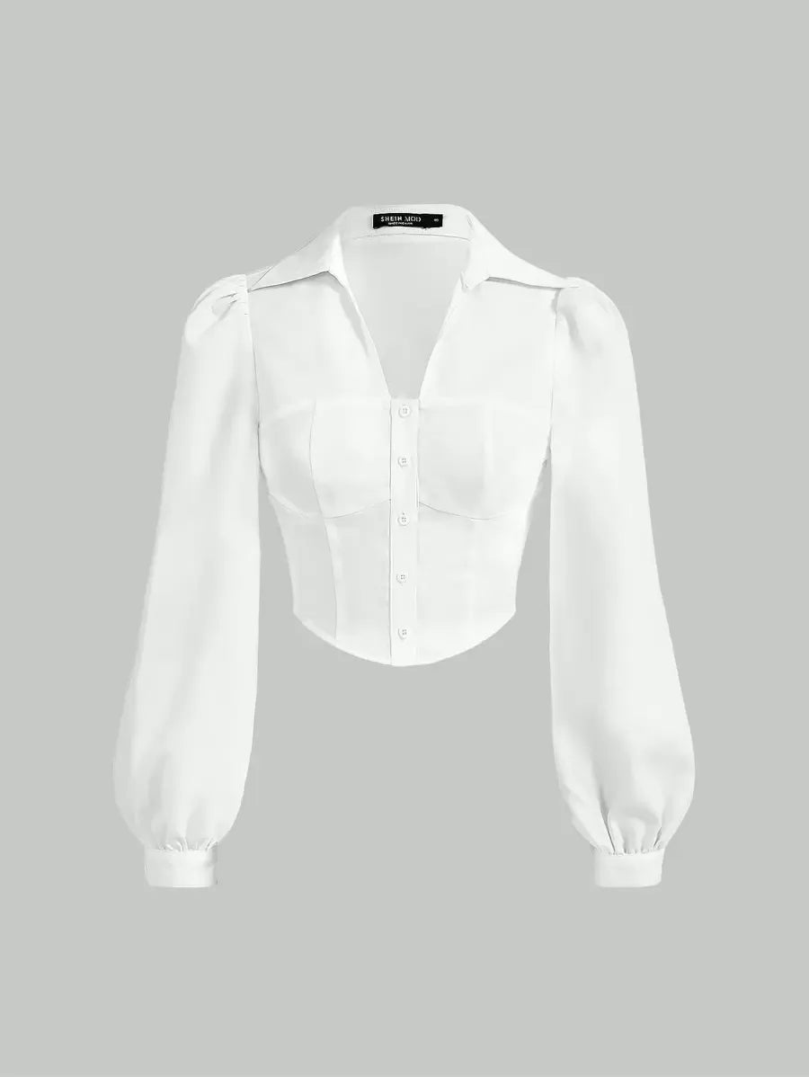 SHEIN MOD قميص نسائي قصير وأزرار أمامية وأكمام فانوس بلون أبيض