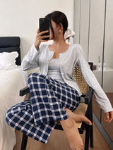 SHEIN طقم بيجامة 3 قطع بتوب قصير بحمالات رفيعة وجاكيت بأكمام طويلة وبنطال طويل بنقشة مربعات متعددة الألوان