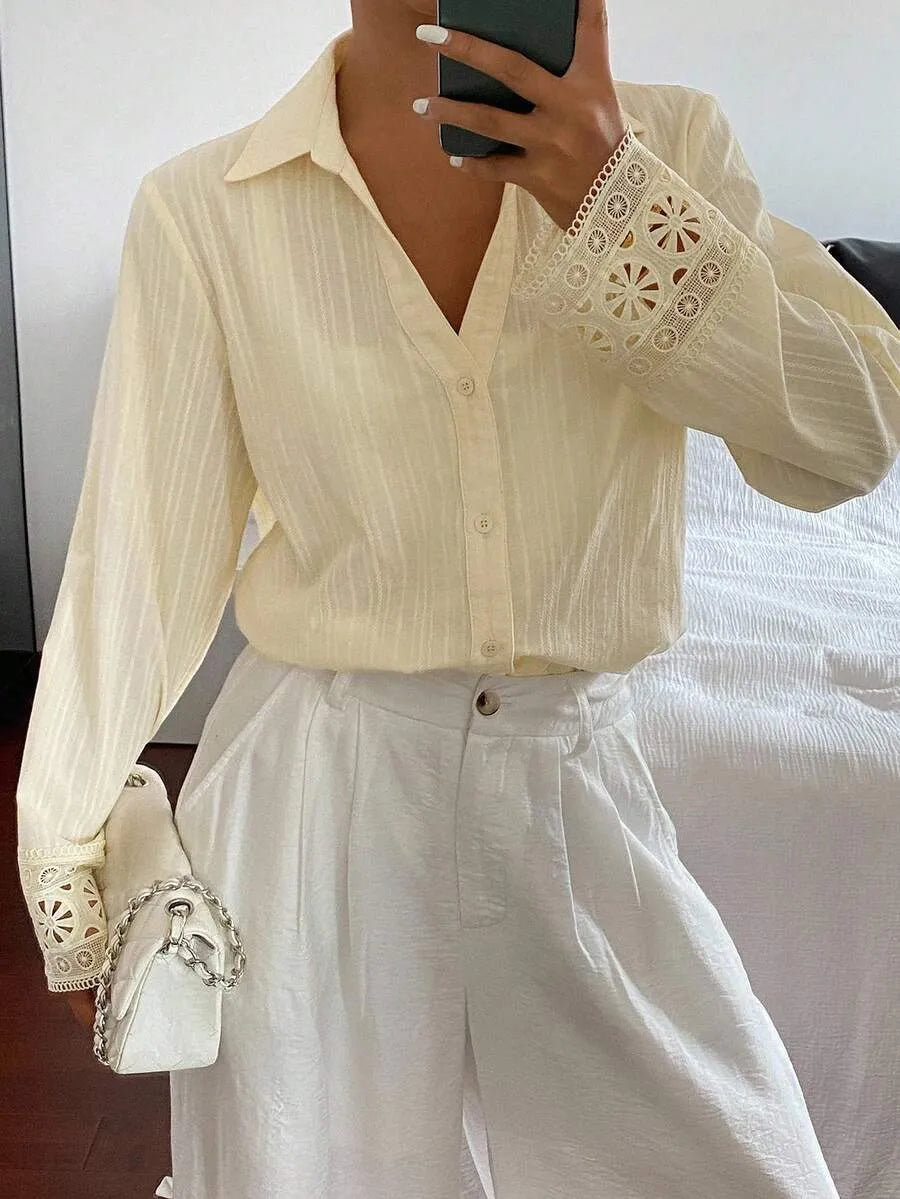 SHEIN Livesso قميص نسائي فضفاض بأزرار أمامية وياقة وأكمام طويلة بلون مشمشي