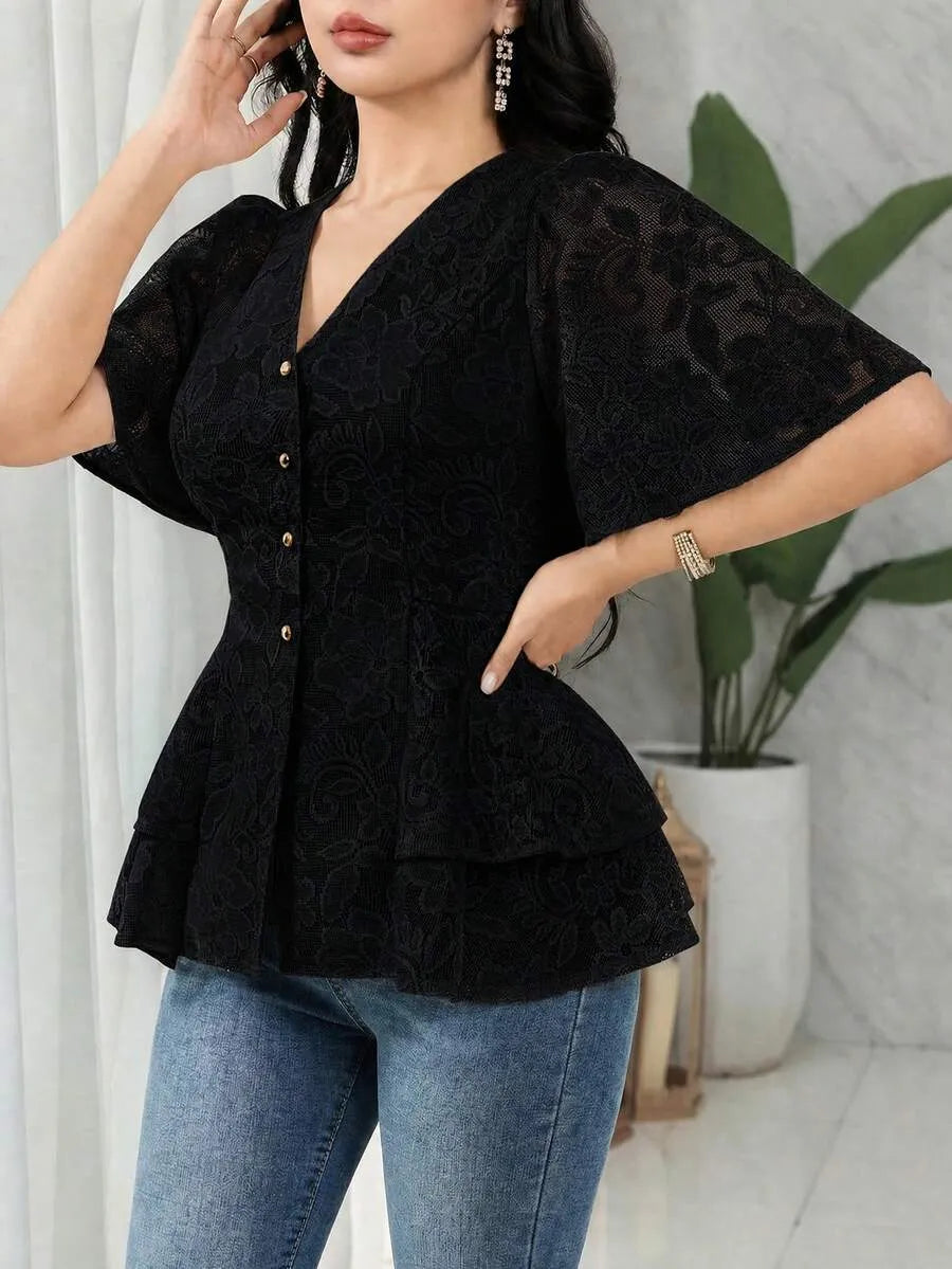 SHEIN Louniche قميص كاجوال بلون واحد بأكمام طويلة وأزرار أمامية