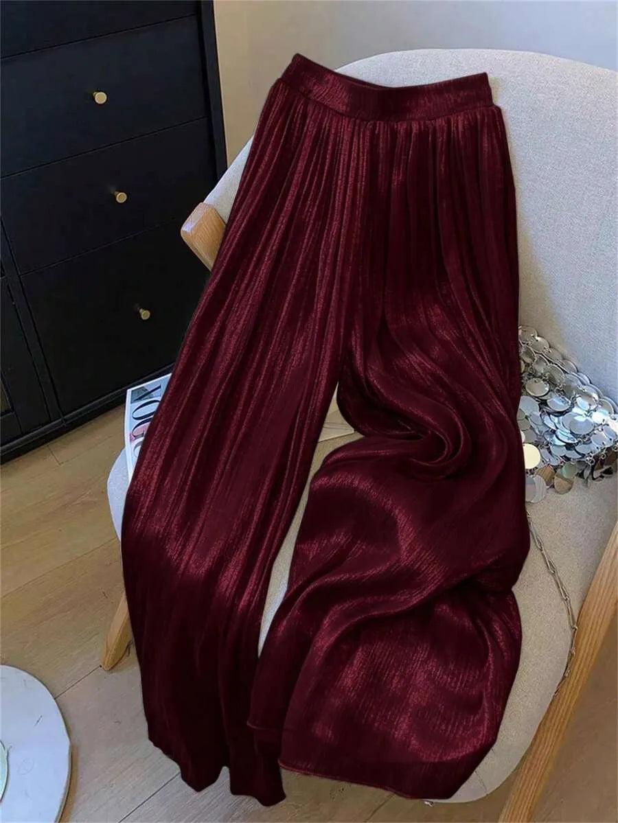 SHEIN GlowEve بنطال نسائي واسع بخصر مطاطي ومطوي بلون عنابي