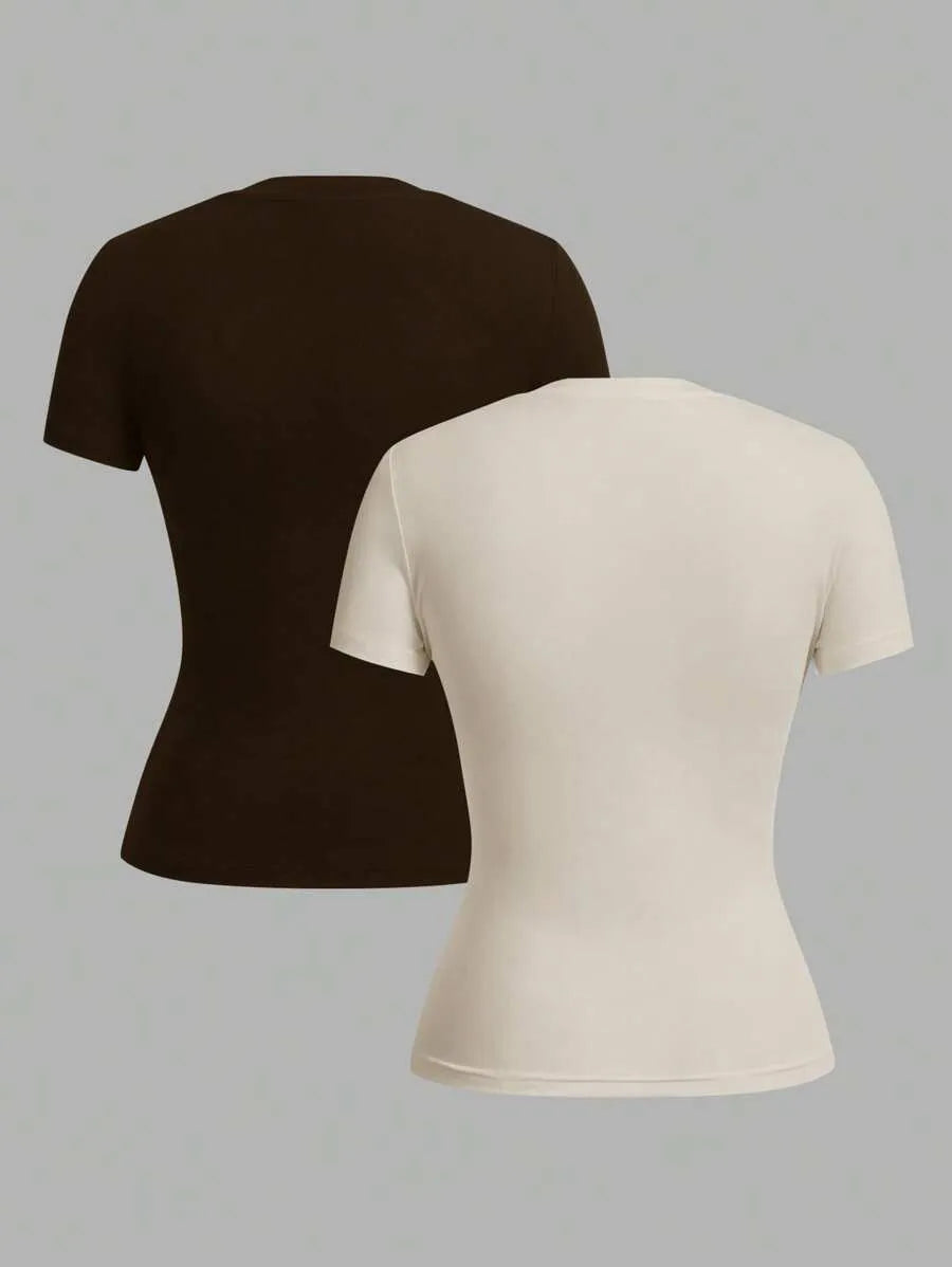 SHEIN EZwear طقم 2 قطعة تي شيرت نسائي بأكمام قصيرة وياقة دائرية متعدد الألوان